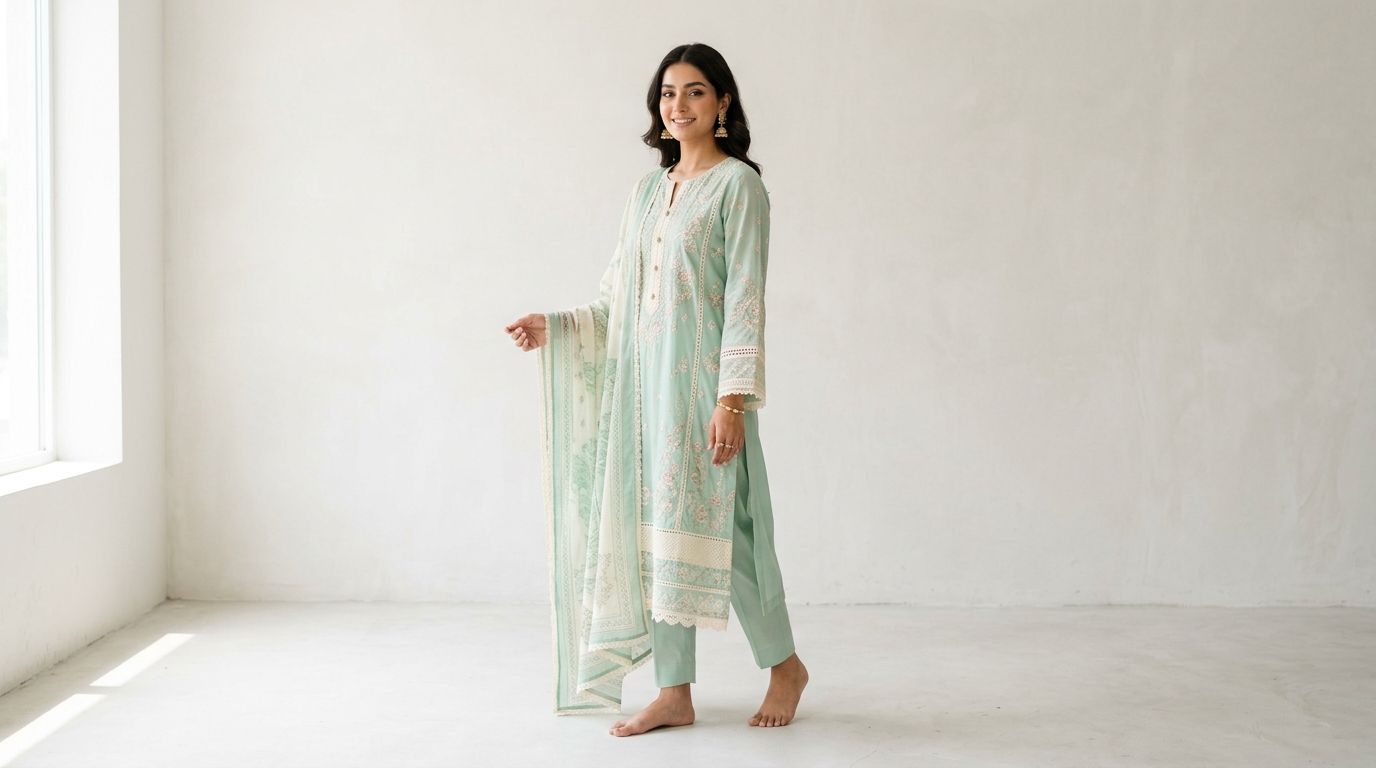 Pakistani women's dress collection — elegant lawn suit in pastel green
